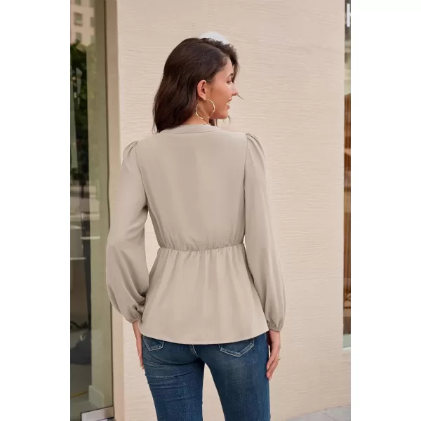 GRACE KARIN 2024 Womens Elegant Peplum Tops V Neck Tie Front Short Bell Sleeve Shirts Tops BlouseLight Khakil43