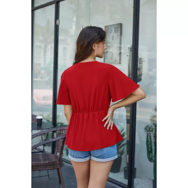 GRACE KARIN 2024 Womens Elegant Peplum Tops V Neck Tie Front Short Bell Sleeve Shirts Tops BlouseRed