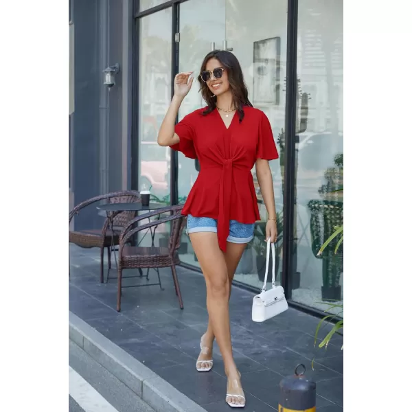 GRACE KARIN 2024 Womens Elegant Peplum Tops V Neck Tie Front Short Bell Sleeve Shirts Tops BlouseRed