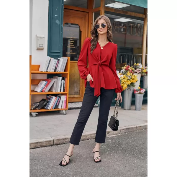 GRACE KARIN 2024 Womens Elegant Peplum Tops V Neck Tie Front Short Bell Sleeve Shirts Tops BlouseRedl43