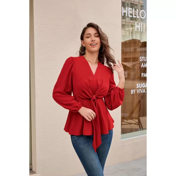 GRACE KARIN 2024 Womens Elegant Peplum Tops V Neck Tie Front Short Bell Sleeve Shirts Tops BlouseRedl43