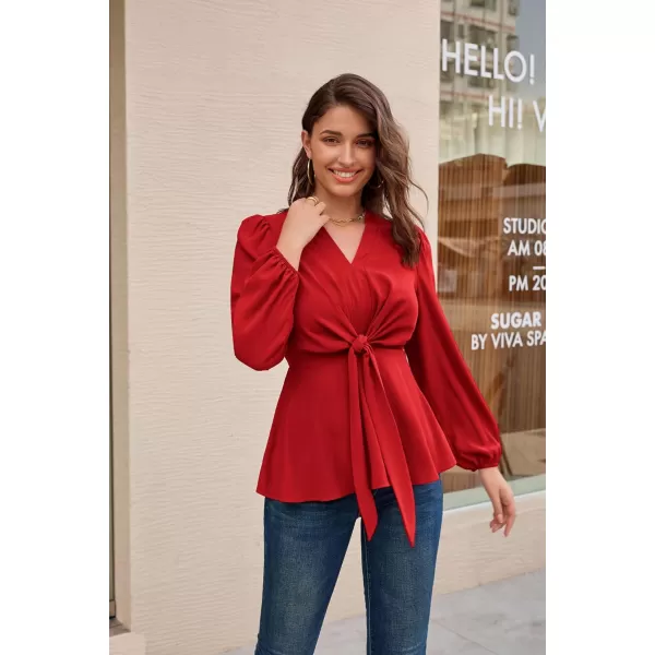 GRACE KARIN 2024 Womens Elegant Peplum Tops V Neck Tie Front Short Bell Sleeve Shirts Tops BlouseRedl43
