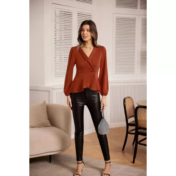 GRACE KARIN 2024 Womens Elegant Tops Long Sleeve Wrap Tops V Neck Formal Work Blouses Dressy ShirtsBrown