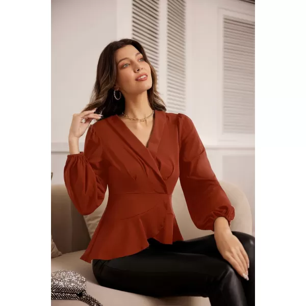 GRACE KARIN 2024 Womens Elegant Tops Long Sleeve Wrap Tops V Neck Formal Work Blouses Dressy ShirtsBrown