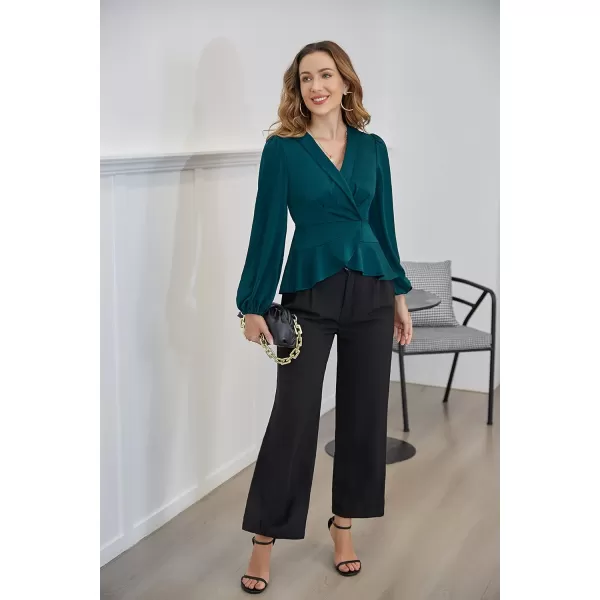 GRACE KARIN 2024 Womens Elegant Tops Long Sleeve Wrap Tops V Neck Formal Work Blouses Dressy ShirtsDark Green