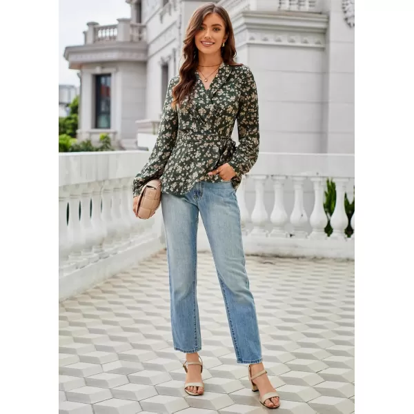 GRACE KARIN 2024 Womens Elegant Tops Long Sleeve Wrap Tops V Neck Formal Work Blouses Dressy ShirtsGreen Floral