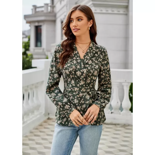 GRACE KARIN 2024 Womens Elegant Tops Long Sleeve Wrap Tops V Neck Formal Work Blouses Dressy ShirtsGreen Floral