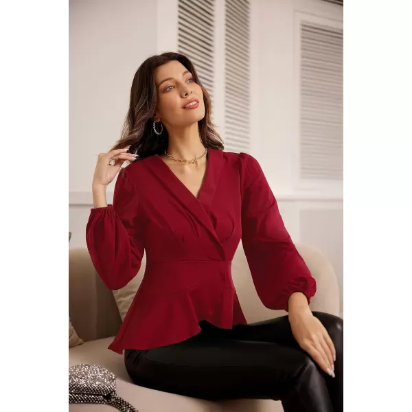 GRACE KARIN 2024 Womens Elegant Tops Long Sleeve Wrap Tops V Neck Formal Work Blouses Dressy ShirtsWine Red