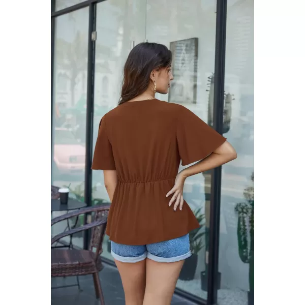 GRACE KARIN 2024 Womens Elegant V Neck Peplum Tops Tie Front Short Bell Sleeve Shirts Tops BlouseBrown