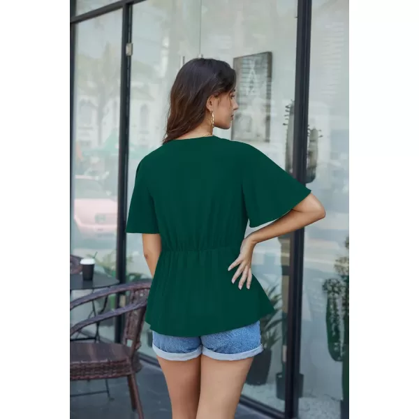 GRACE KARIN 2024 Womens Elegant V Neck Peplum Tops Tie Front Short Bell Sleeve Shirts Tops BlouseDark Green