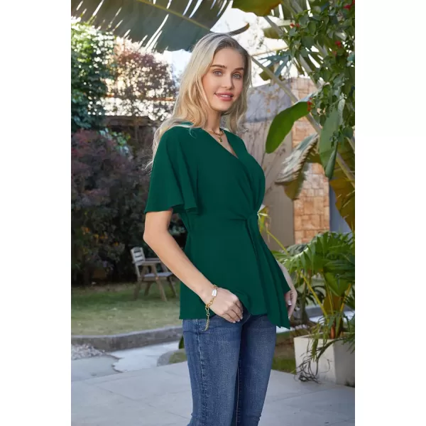 GRACE KARIN 2024 Womens Elegant V Neck Peplum Tops Tie Front Short Bell Sleeve Shirts Tops BlouseDark Green