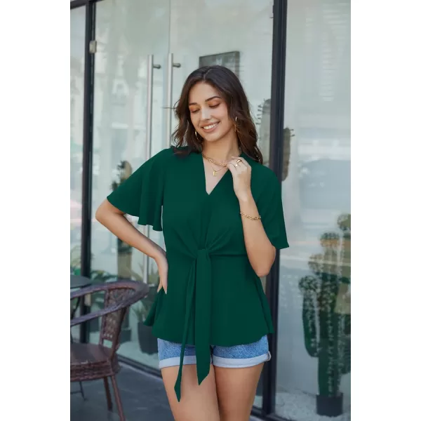 GRACE KARIN 2024 Womens Elegant V Neck Peplum Tops Tie Front Short Bell Sleeve Shirts Tops BlouseDark Green