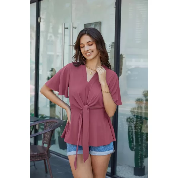 GRACE KARIN 2024 Womens Elegant V Neck Peplum Tops Tie Front Short Bell Sleeve Shirts Tops BlouseDark Pink