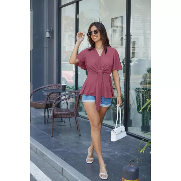 GRACE KARIN 2024 Womens Elegant V Neck Peplum Tops Tie Front Short Bell Sleeve Shirts Tops BlouseDark Pink