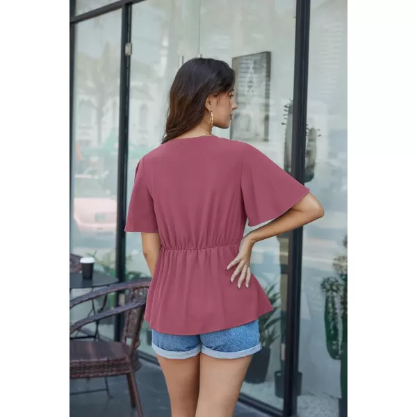 GRACE KARIN 2024 Womens Elegant V Neck Peplum Tops Tie Front Short Bell Sleeve Shirts Tops BlouseDark Pink