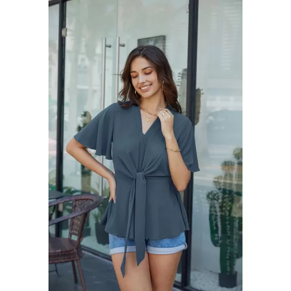 GRACE KARIN 2024 Womens Elegant V Neck Peplum Tops Tie Front Short Bell Sleeve Shirts Tops BlouseGrey Blue