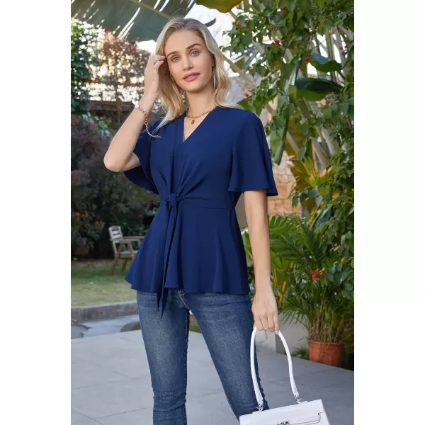 GRACE KARIN 2024 Womens Elegant V Neck Peplum Tops Tie Front Short Bell Sleeve Shirts Tops BlouseNavy Blue