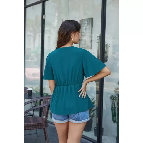 GRACE KARIN 2024 Womens Elegant V Neck Peplum Tops Tie Front Short Bell Sleeve Shirts Tops BlousePeacock Blue