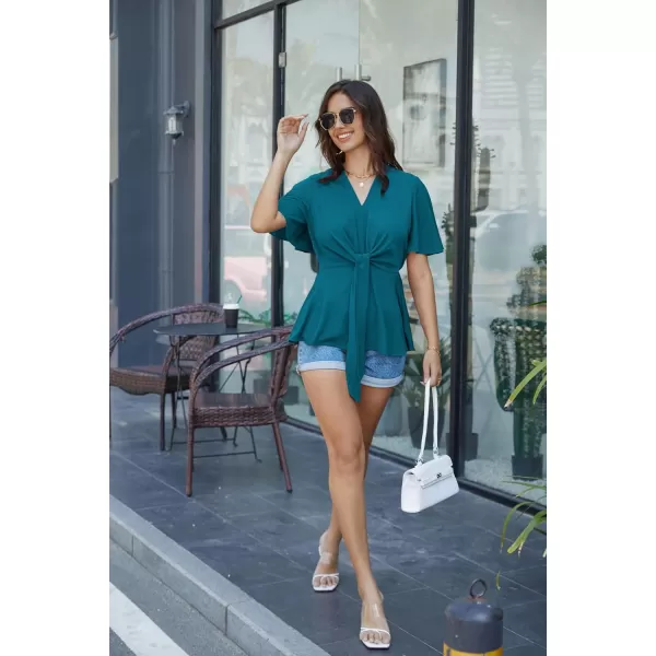 GRACE KARIN 2024 Womens Elegant V Neck Peplum Tops Tie Front Short Bell Sleeve Shirts Tops BlousePeacock Blue