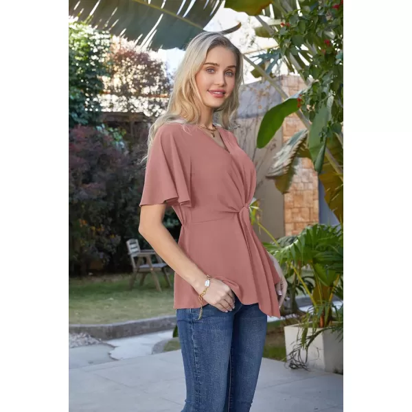 GRACE KARIN 2024 Womens Elegant V Neck Peplum Tops Tie Front Short Bell Sleeve Shirts Tops BlousePink