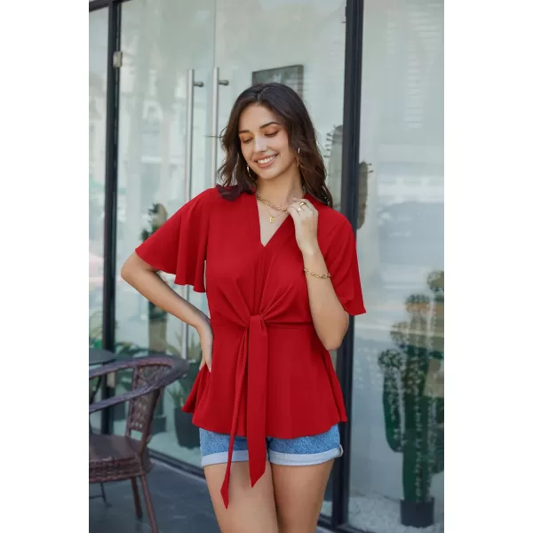 GRACE KARIN 2024 Womens Elegant V Neck Peplum Tops Tie Front Short Bell Sleeve Shirts Tops BlouseRed