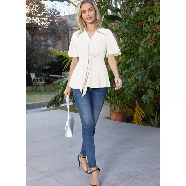 GRACE KARIN 2024 Womens Elegant V Neck Peplum Tops Tie Front Short Bell Sleeve Shirts Tops BlouseWhite