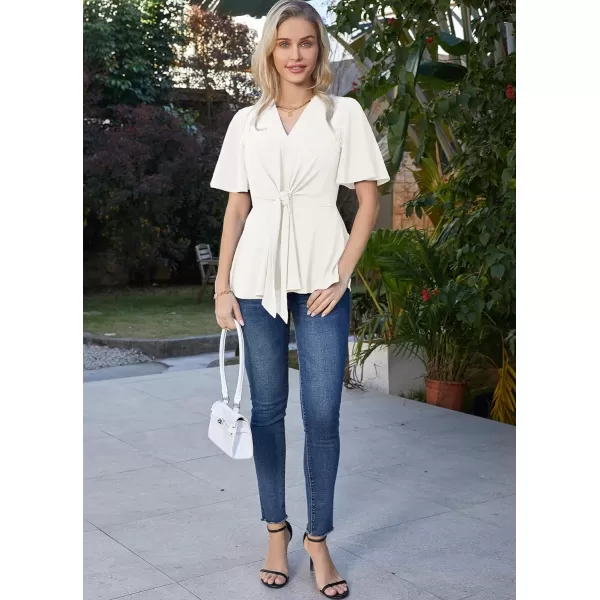 GRACE KARIN 2024 Womens Elegant V Neck Peplum Tops Tie Front Short Bell Sleeve Shirts Tops BlouseWhite
