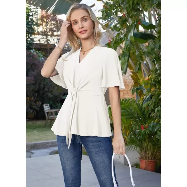 GRACE KARIN 2024 Womens Elegant V Neck Peplum Tops Tie Front Short Bell Sleeve Shirts Tops BlouseWhite