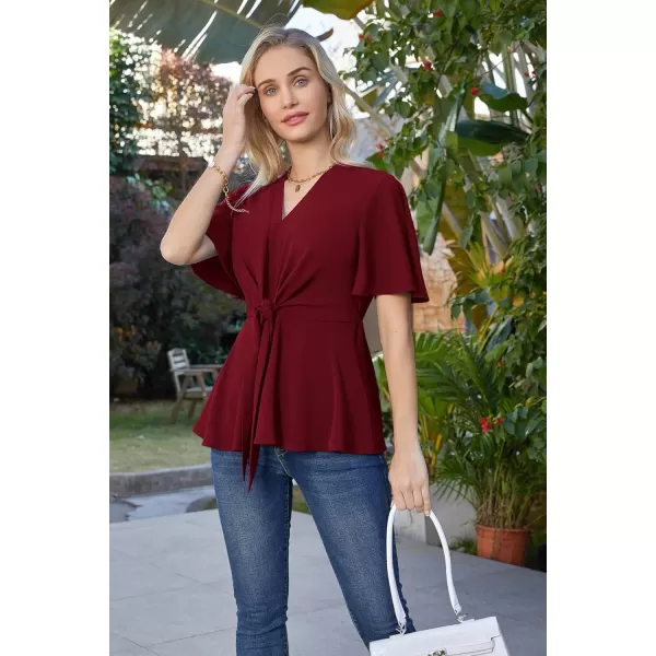 GRACE KARIN 2024 Womens Elegant V Neck Peplum Tops Tie Front Short Bell Sleeve Shirts Tops BlouseWine Red