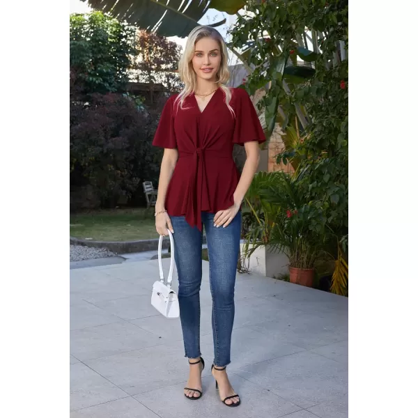 GRACE KARIN 2024 Womens Elegant V Neck Peplum Tops Tie Front Short Bell Sleeve Shirts Tops BlouseWine Red