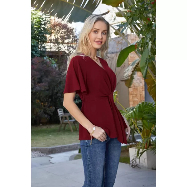 GRACE KARIN 2024 Womens Elegant V Neck Peplum Tops Tie Front Short Bell Sleeve Shirts Tops BlouseWine Red