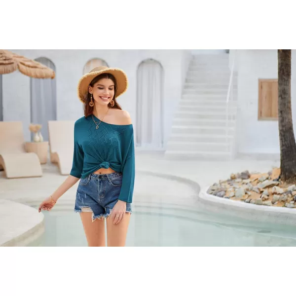 GRACE KARIN 2024 Womens HollowOut 34 Sleeve Lightweight Sweater Boat Neck Off The Shoulder Sweater Crochet TopDenim Blue