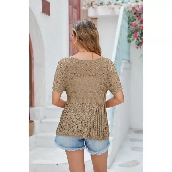 GRACE KARIN 2024 Womens Lightweight Short Sleeve Crochet Open Front Shrug Cardigan SweatersKhaki