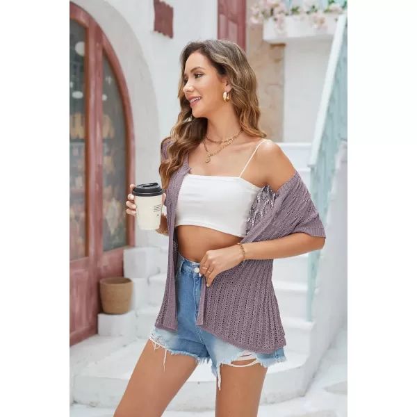 GRACE KARIN 2024 Womens Lightweight Short Sleeve Crochet Open Front Shrug Cardigan SweatersPurple