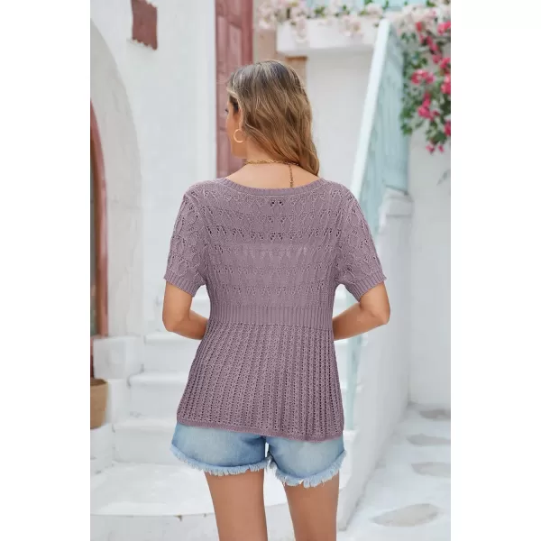 GRACE KARIN 2024 Womens Lightweight Short Sleeve Crochet Open Front Shrug Cardigan SweatersPurple