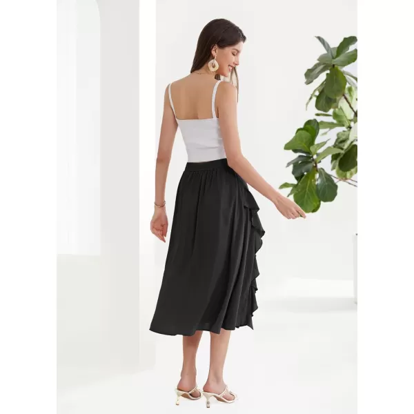 GRACE KARIN 2024 Womens Midi Skirts Elegant Ruffle High Waist Flared ALine Split Summer Beach SkirtBlack