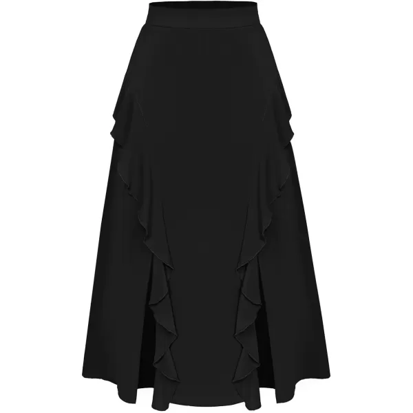 GRACE KARIN 2024 Womens Midi Skirts Elegant Ruffle High Waist Flared ALine Split Summer Beach SkirtBlack