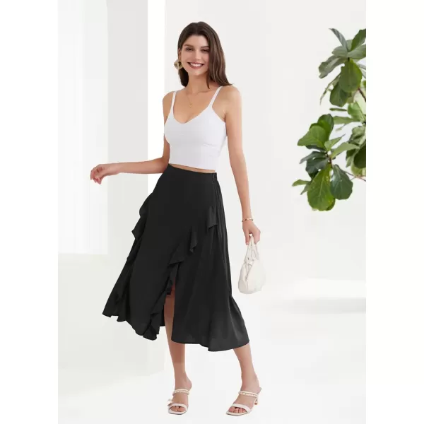 GRACE KARIN 2024 Womens Midi Skirts Elegant Ruffle High Waist Flared ALine Split Summer Beach SkirtBlack