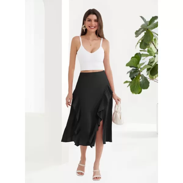 GRACE KARIN 2024 Womens Midi Skirts Elegant Ruffle High Waist Flared ALine Split Summer Beach SkirtBlack