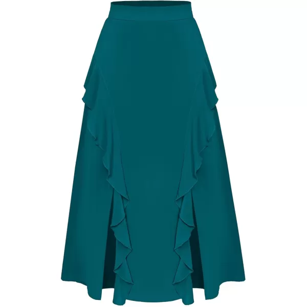 GRACE KARIN 2024 Womens Midi Skirts Elegant Ruffle High Waist Flared ALine Split Summer Beach SkirtBlue Green