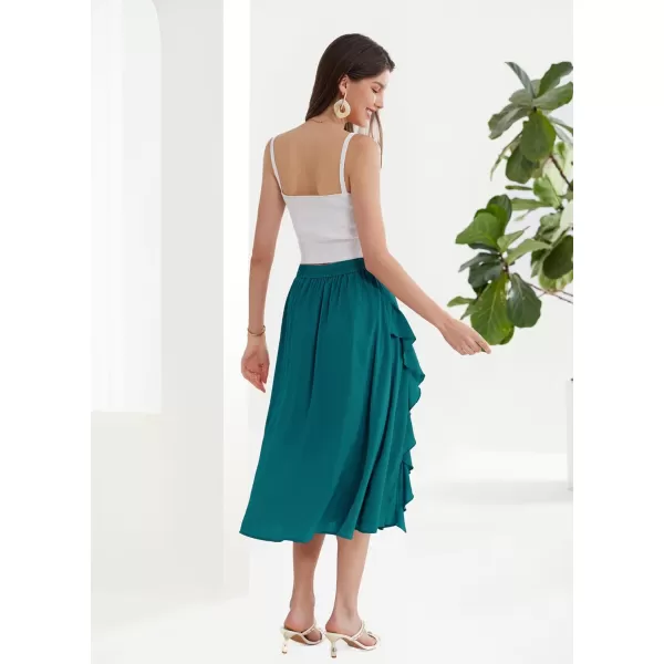 GRACE KARIN 2024 Womens Midi Skirts Elegant Ruffle High Waist Flared ALine Split Summer Beach SkirtBlue Green