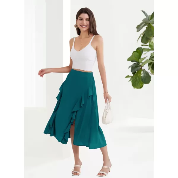 GRACE KARIN 2024 Womens Midi Skirts Elegant Ruffle High Waist Flared ALine Split Summer Beach SkirtBlue Green