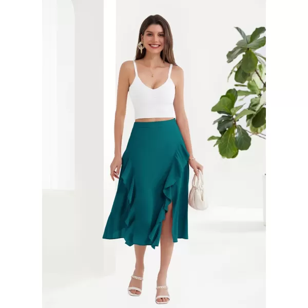GRACE KARIN 2024 Womens Midi Skirts Elegant Ruffle High Waist Flared ALine Split Summer Beach SkirtBlue Green