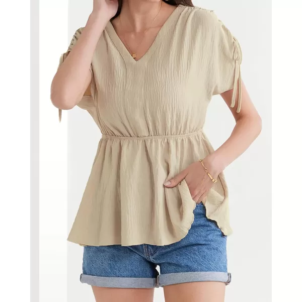 GRACE KARIN 2024 Womens Peplum Tops Elegant Drawstring Short Sleeve V Neck Dressy Casual Business Work Blouses Shirt TopsBeige