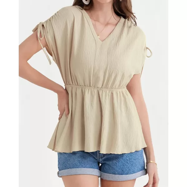 GRACE KARIN 2024 Womens Peplum Tops Elegant Drawstring Short Sleeve V Neck Dressy Casual Business Work Blouses Shirt TopsBeige