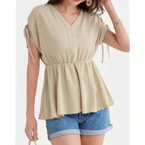 GRACE KARIN 2024 Womens Peplum Tops Elegant Drawstring Short Sleeve V Neck Dressy Casual Business Work Blouses Shirt TopsBeige