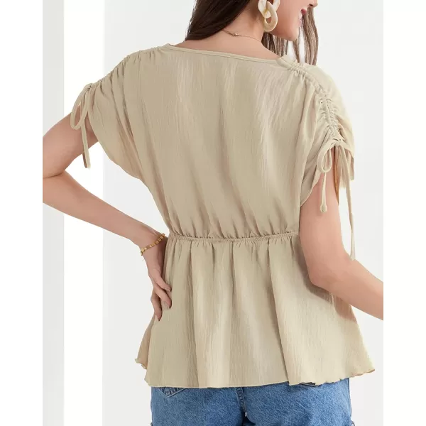 GRACE KARIN 2024 Womens Peplum Tops Elegant Drawstring Short Sleeve V Neck Dressy Casual Business Work Blouses Shirt TopsBeige