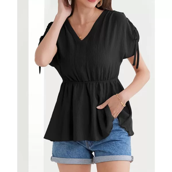 GRACE KARIN 2024 Womens Peplum Tops Elegant Drawstring Short Sleeve V Neck Dressy Casual Business Work Blouses Shirt TopsBlack