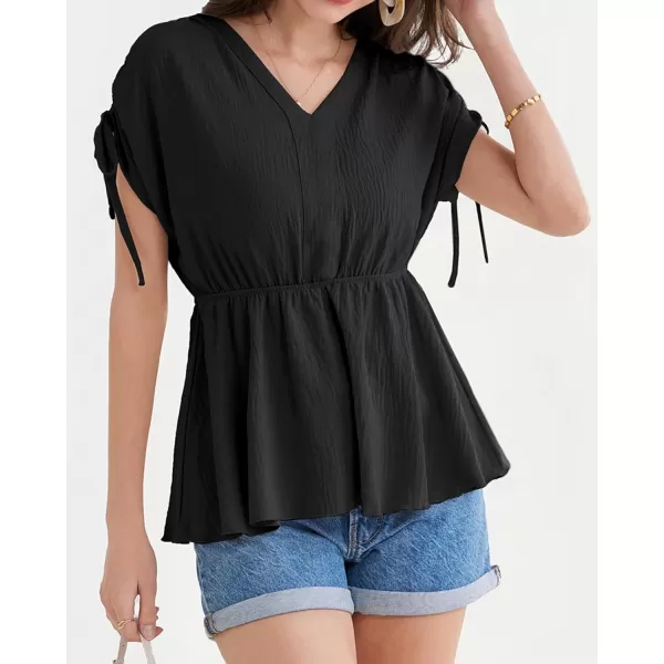 GRACE KARIN 2024 Womens Peplum Tops Elegant Drawstring Short Sleeve V Neck Dressy Casual Business Work Blouses Shirt TopsBlack