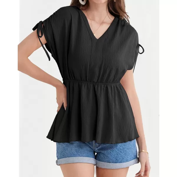 GRACE KARIN 2024 Womens Peplum Tops Elegant Drawstring Short Sleeve V Neck Dressy Casual Business Work Blouses Shirt TopsBlack